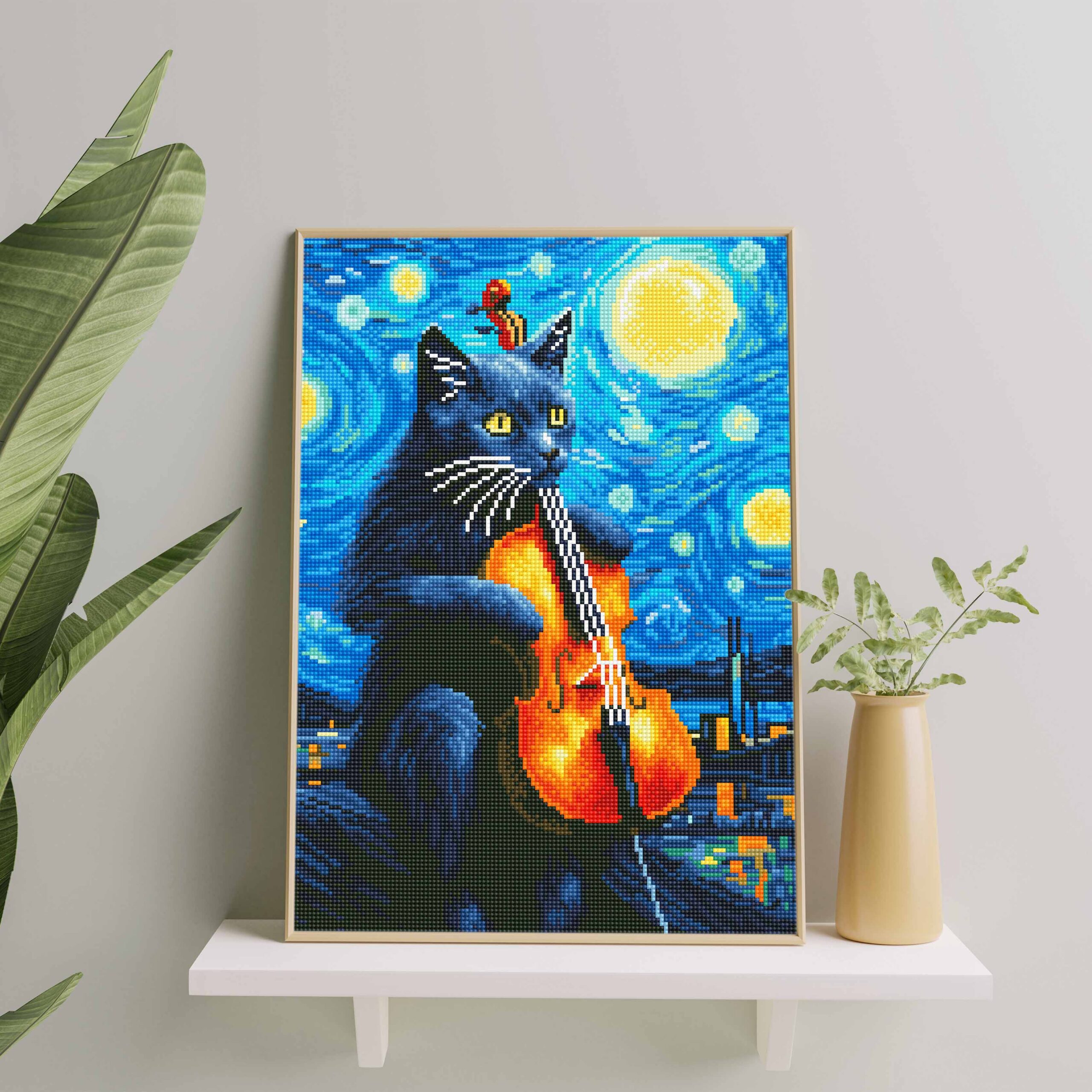 Katinas su smuiku 40×50 cm (apvalūs deimantukai) - Image 3
