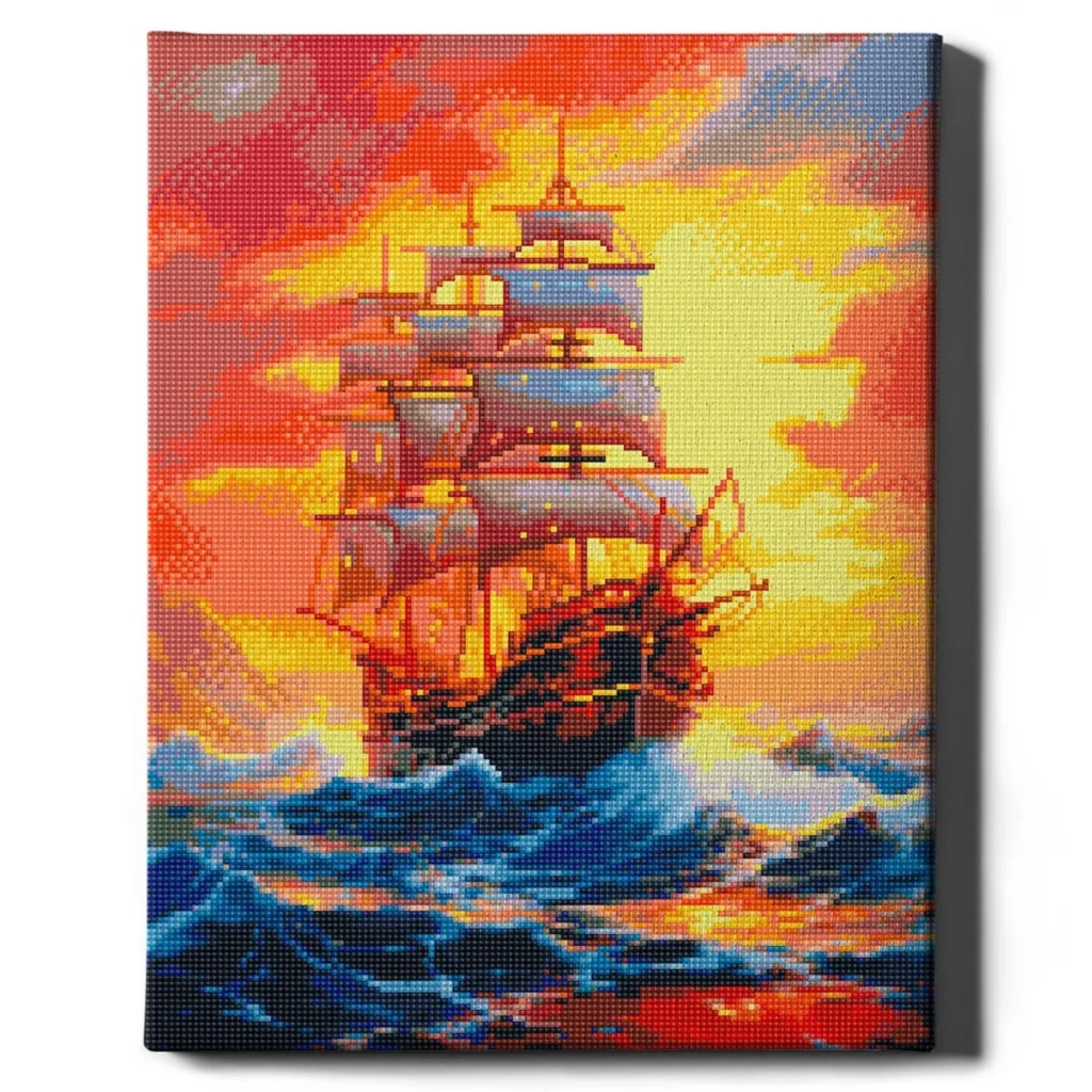 Laivas jūroje 40×50 cm (apvalūs deimantukai)